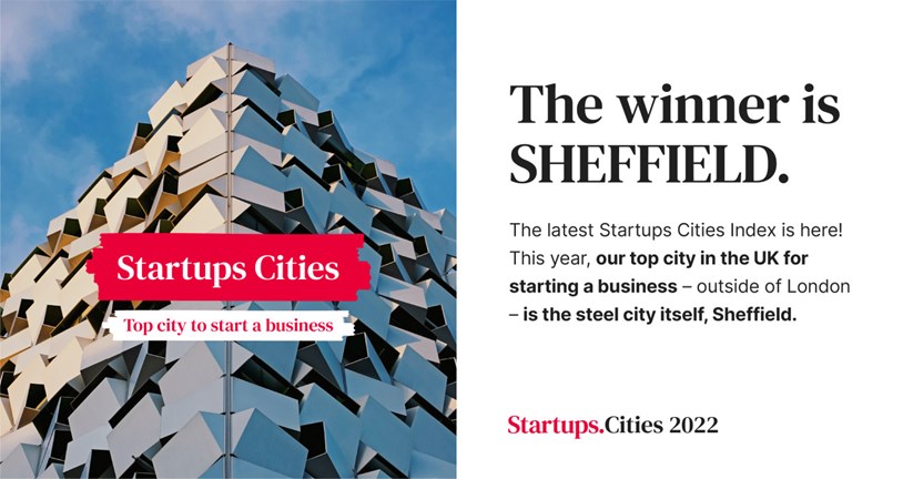 Startups.co.uk artwork for the Sheffield as the winner of the best city to start up in