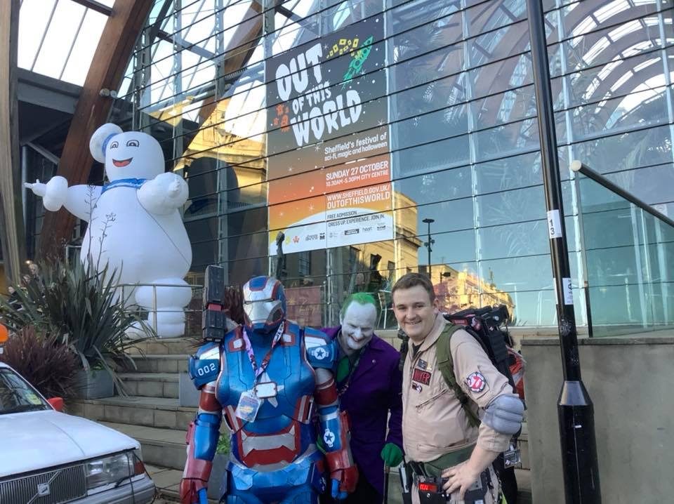  A man dressed the Patriot, another dressed as The Joker and a third dressed as a Ghostbuster satnd outside Sheffield Winter Garden. Behind them is a blow-up of StayPuft the marshmallow man.