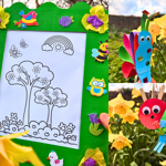 Arts and crafts made by children including a paper caterpillar.