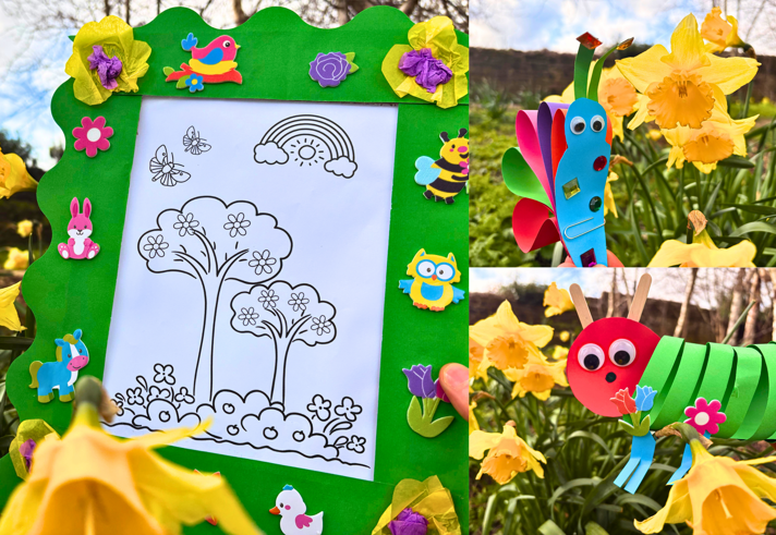 Arts and crafts made by children including a paper caterpillar.