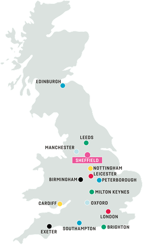 Map of the UK showing where Sheffield is