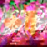 Two cocktails being held up in the in front of a neon sign.