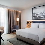 Modern bedroom with a double bed and a local picture hanging on the wall and cool lighting.