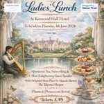 Poster for the event with an illustration of a person playing a harp by a lake. In the background is a  grand hall.