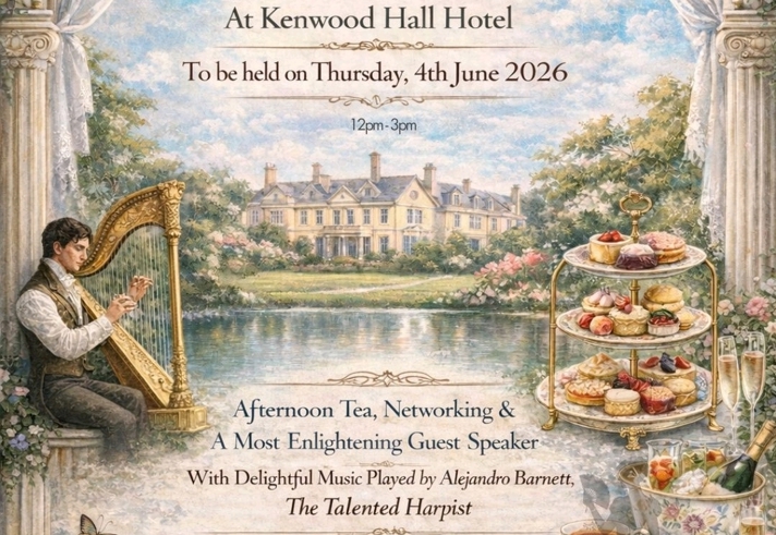Poster for the event with an illustration of a person playing a harp by a lake. In the background is a  grand hall.