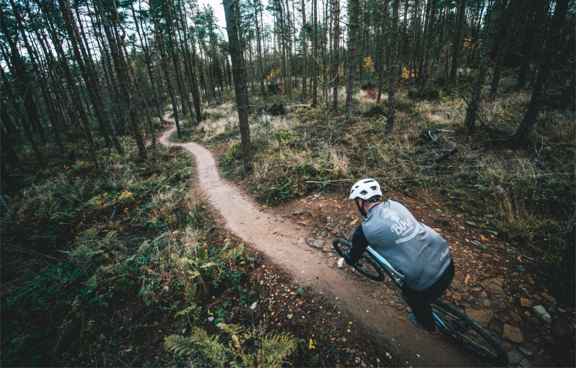 A man riding a mountain bike along a track in a wooded area.