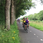 People cycling on a road through a wooded area.