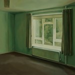 A painting of an empty room in a house with green walls and green curtains at a window that looks into a garden.