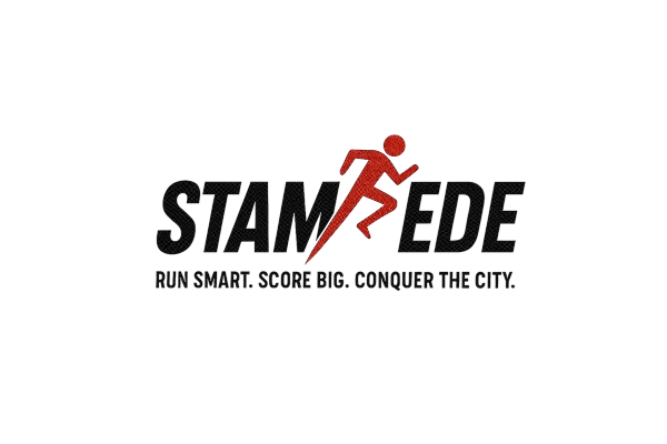Logo for “Stampede” featuring a red running figure integrated into the word. Below the logo, the tagline reads: “Run Smart. Score Big. Conquer the City.” The design uses bold black text with the running figure in red for emphasis.
