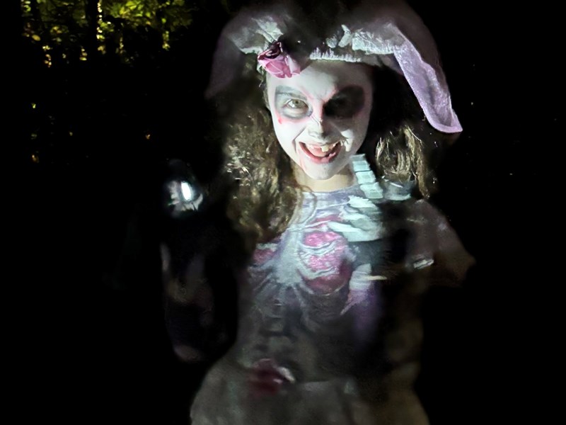 A young person in Halloween fancy dress lit with spooky lighting.
