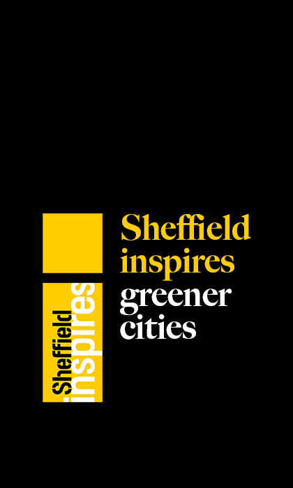 Graphic with a black background featuring a yellow square and rectangle on the left. The text reads ‘Sheffield inspires greener cities’ in bold yellow and white fonts, with ‘Sheffield inspires’ also displayed vertically inside the yellow rectangle.