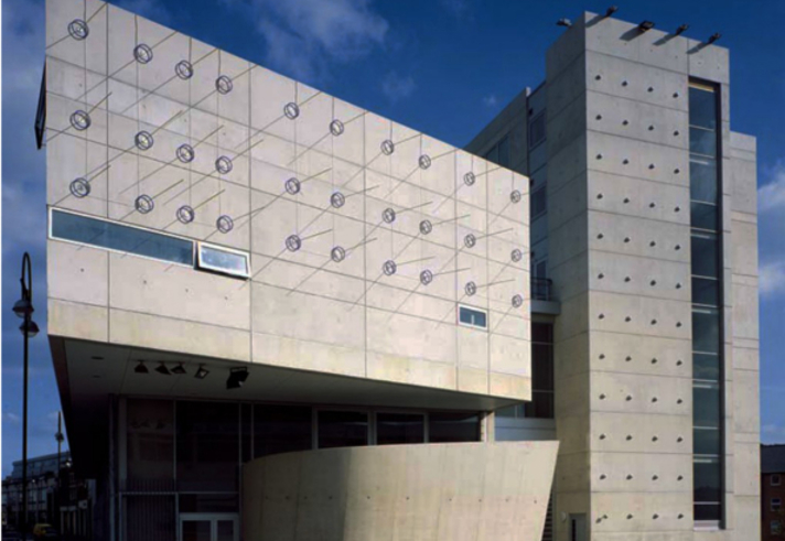 The brutalist exterior of Persistence Works.