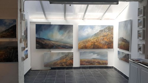 A brightly lit art gallery with lots of landscape painting on display.