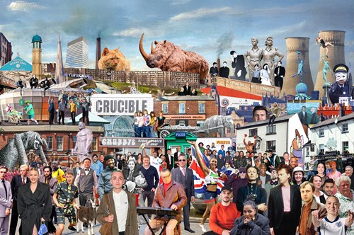 A vibrant collage featuring Sheffield landmarks, cultural icons, and historical references. The image includes buildings, statues, sports figures, musicians, and animals such as a mammoth and a squirrel, alongside industrial elements like cooling towers. Text such as “CRUCIBLE” and “GOODBYE” appears among the mix, creating a busy, colourful scene celebrating the city’s heritage and identity.