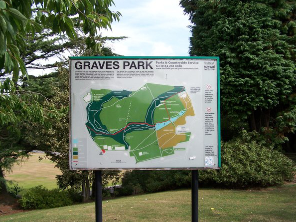 A large sign showing a map of Graves Park.