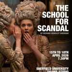 Poster for the event with a person whispering into another  person's ear. Both are wearing large powdered wigs and 1800s clothing