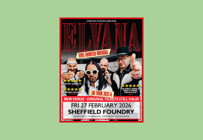 Poster for the Elvana gig at the Foundry, with a picture of the band.