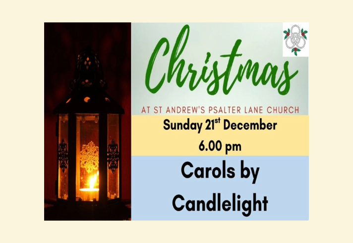 A black lantern with ornate patterns and a glowing candle inside is shown on the left against a dark red background. On the right, text reads: “Christmas at St Andrew’s Psalter Lane Church. Sunday 21st December, 6.00 pm. Carols by Candlelight.” A small logo with holly and a decorative design appears in the top right corner.