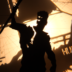 A shadowy figure in front of a boat.