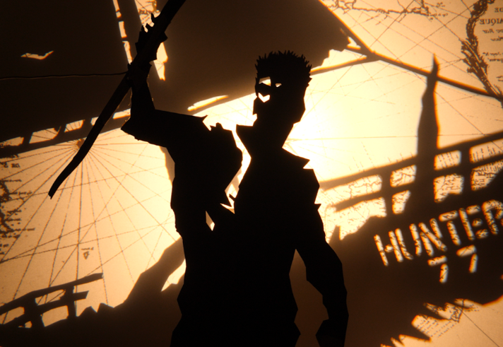 A shadowy figure in front of a boat.