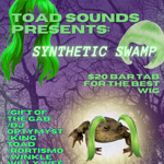 A neon‑green themed event poster titled “Toad Sounds Presents: Synthetic Swamp.” The background shows a dark swamp with tangled trees and glowing green mist. At the top are two large green wigs hanging as graphic elements. The centre features a toad wearing long neon‑green hair. Text on the poster includes: “$20 bar tab for the best wig.” A lineup of performers is listed in bright green and pink text: “Gift of the Gab (DJ), Optymyst, King Toad, Rortismo, Twinkle, Willy Wee (DJ), Sardine Amulet"