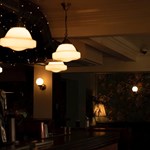 The interior of a dimly lit bar.