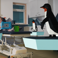 A child is lying in a bed in a hospital ward. There are 3D models of penguins around the room. The child is entertaining herself with a tablet type device.