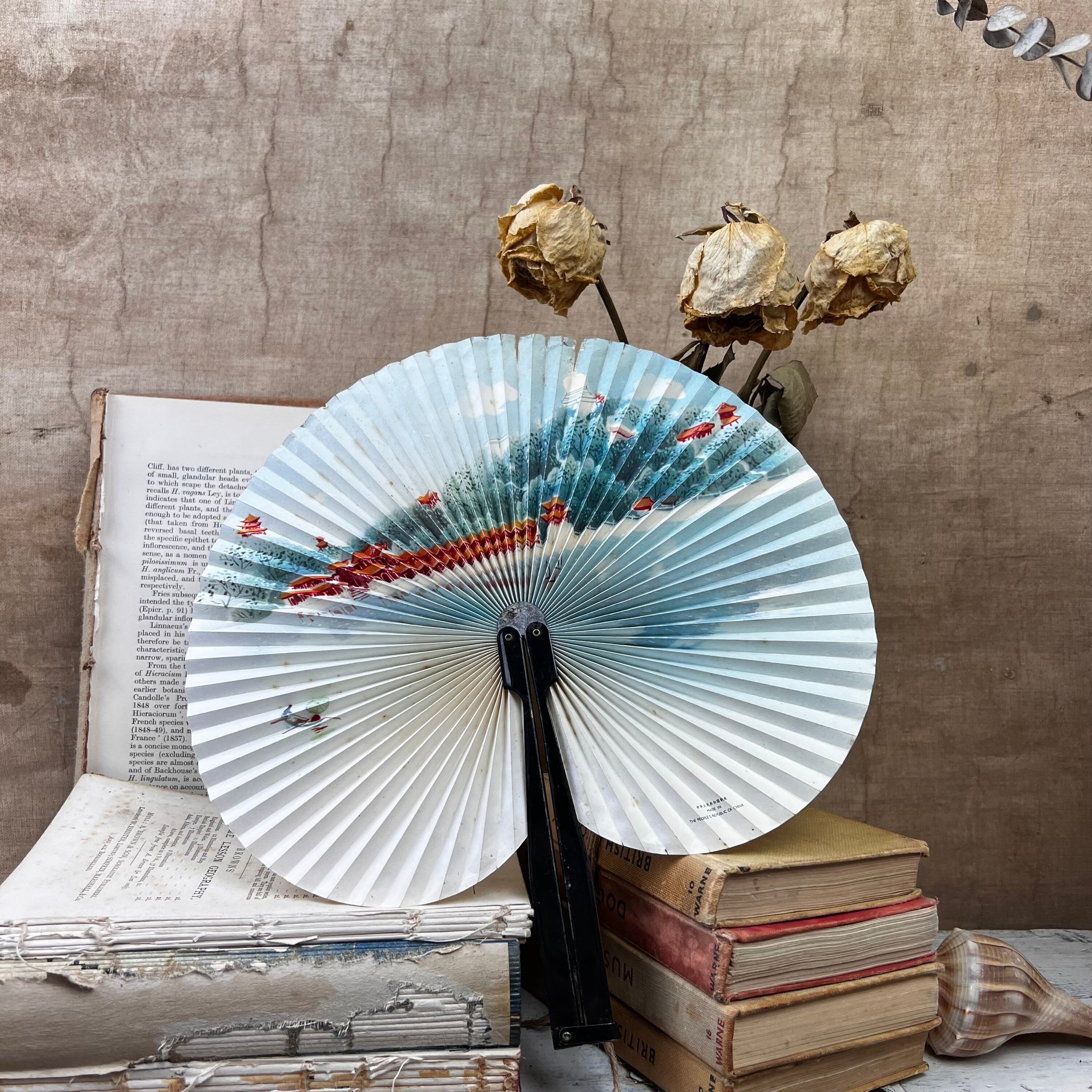 A paper fan arranged with two piles of old books on a table.