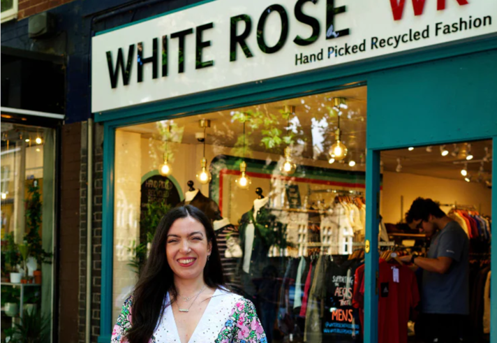 The exterior of the White Rose Recycled Fashion - Menswear shop.