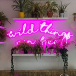 A table and chairs in a cafe. Above them, on the wall, is a bright pink neon sign that reads 'Wild Things'.