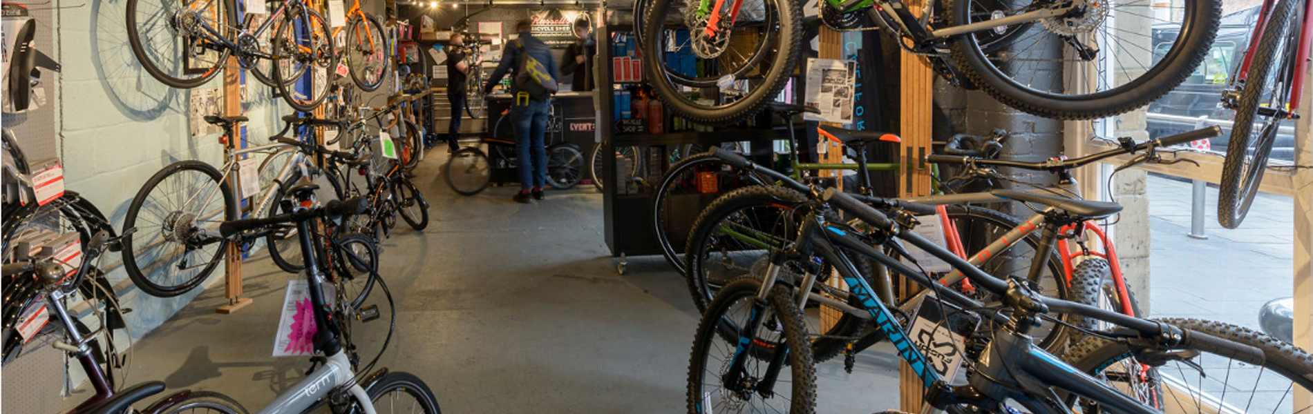 The interior of Russell's Bicycle Shed, with bikes everywhere you look.