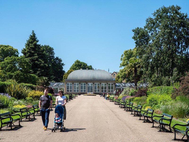 A couple, with a pushchair, walking in the Sheffield Botanical Gardens.