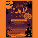 Poster for the event with drawings of bats, ghosts, an orange moon, spooky house, pumpkins and spiderwebs.