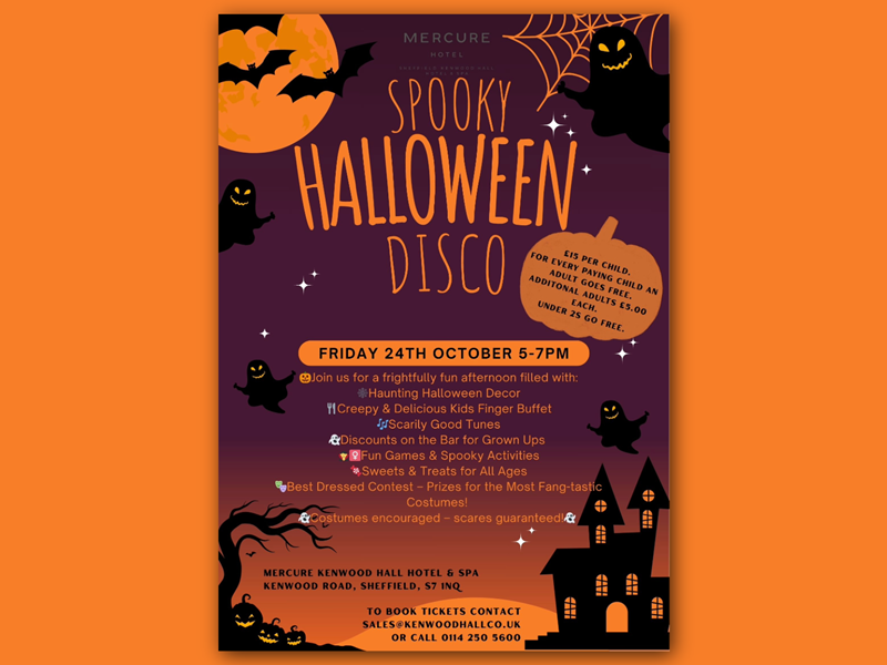 Poster for the event with drawings of bats, ghosts, an orange moon, spooky house, pumpkins and spiderwebs.