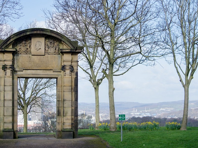 A stone gateway in Norfolk Heritage Park.