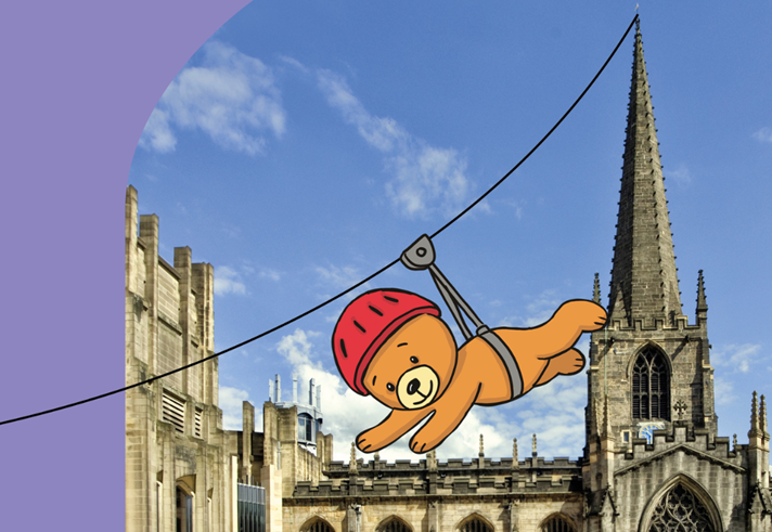 Artwork for Teddy Zipline with cartoon teddy flying in front of photo of cathedral