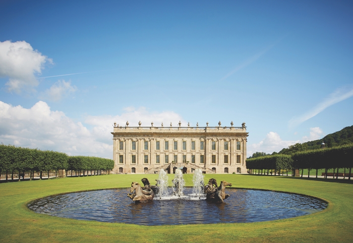 Chatsworth House and ornamental fountain.