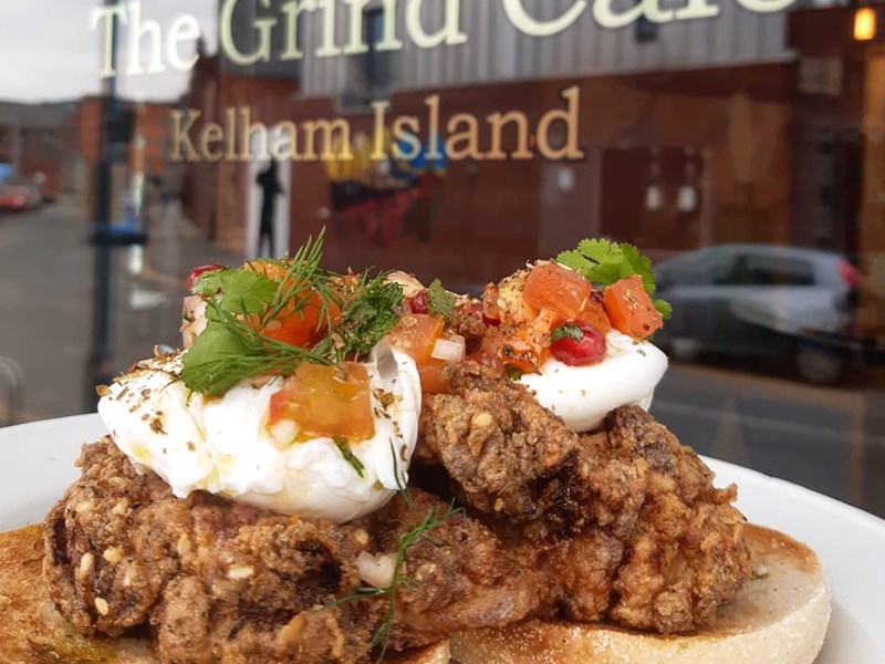 A light lunch on a table outside The Grind Cafe window.