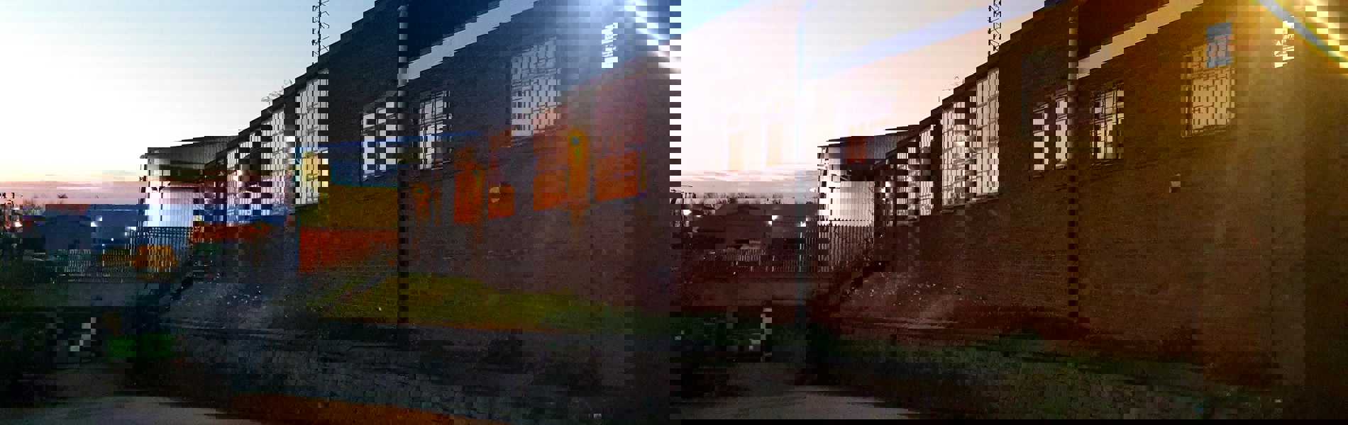 The exterior of Dryad Works at sunset.