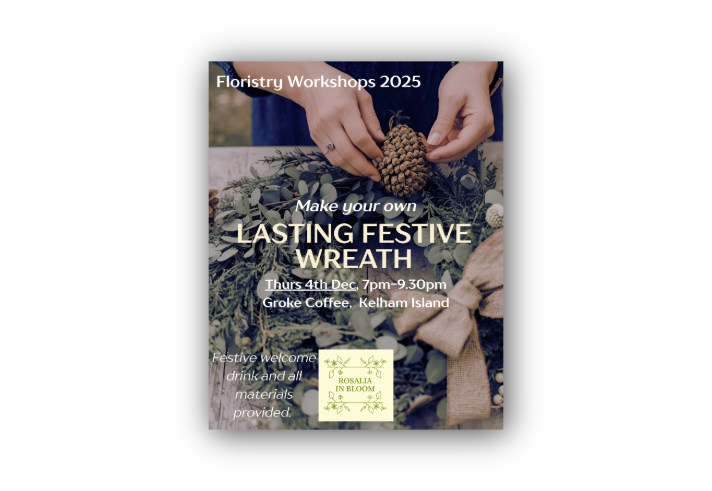 Poster for the event with a close-up of a person making a Christmas wreath.