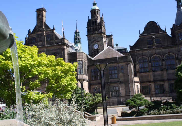 Sheffield Town Hall as seen from The Peace Gardens on a sunny day.