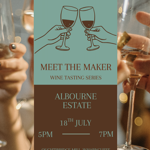 Poster for the event with an illustration of two hands holding glasses of wine.