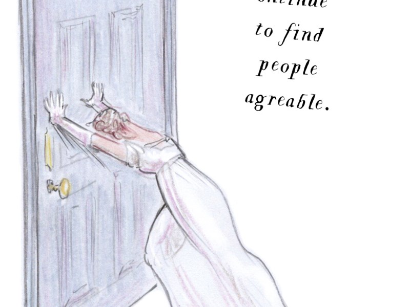Illustration of a person in a long white Regency-style gown leaning forward with arms outstretched, pressing against a closed door. To the right, elegant italic text reads: “I cannot anyhow continue to find people agreeable.” The scene is minimal, with a plain background emphasising the figure and the door.