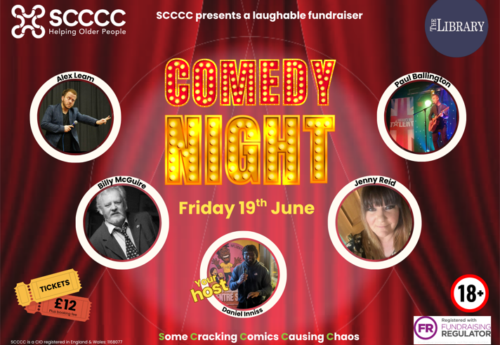 Promo image for the event with images of the performers overlaid on an image of a traditional red theatre curtain.