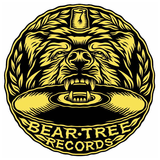 The Bear Tree Records logo, which features a stylised bear's head, wearing a Fez, with a record in its mouth with the words 'Bear Tree Records' underneath. The logo was designed and painted by Sheffield artist Tom J Newell.