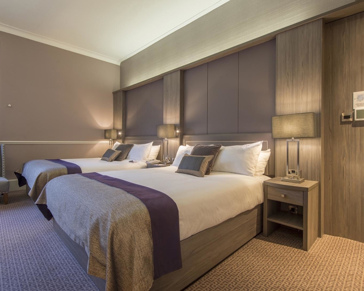 A Deluxe Hotel Room With Twin Beds.