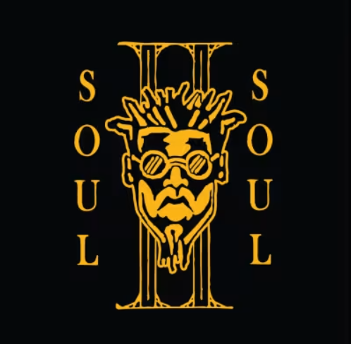 A stylised gold graphic on a black background featuring a bold Roman numeral II with the word “SOUL” written vertically on both sides. At the centre is an illustrated face wearing round sunglasses and sporting spiked hair and a pointed beard, creating a distinctive logo design. The artwork has a strong, iconic look with contrasting colours and symmetrical composition.