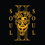 A stylised gold graphic on a black background featuring a bold Roman numeral II with the word “SOUL” written vertically on both sides. At the centre is an illustrated face wearing round sunglasses and sporting spiked hair and a pointed beard, creating a distinctive logo design. The artwork has a strong, iconic look with contrasting colours and symmetrical composition.