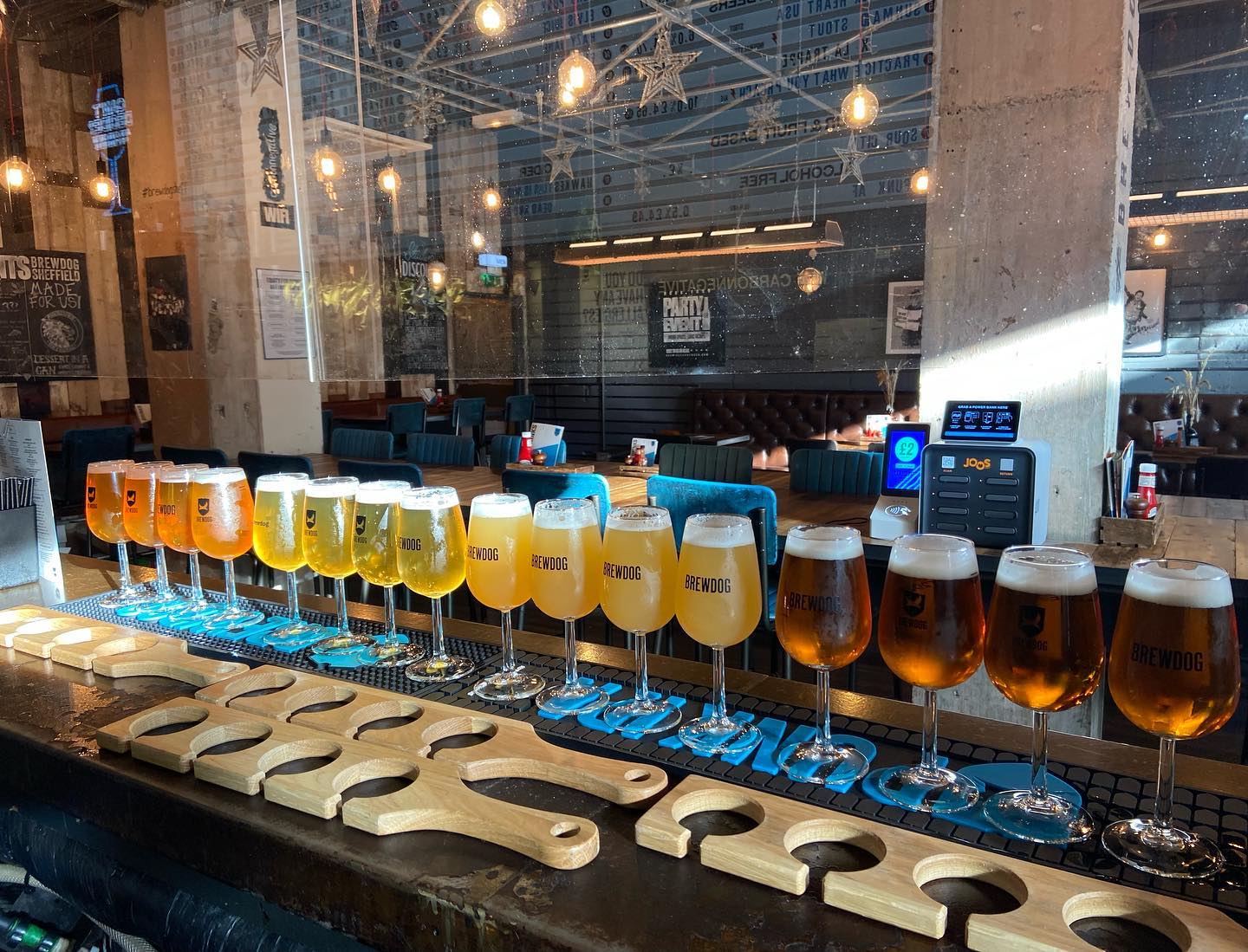 A counter with a long row of glasses of beer.