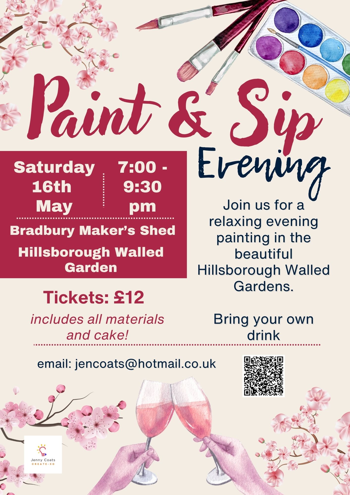Poster for the event listing all the details. Around the edges are illustrations of cherry blossom, paint brushes and paints and hands holding glasses of wine.